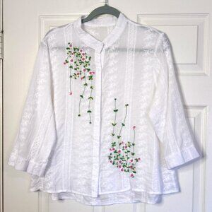 Embroidered Flowers | White | Polyester | Button Up Shirt | Size 2XL